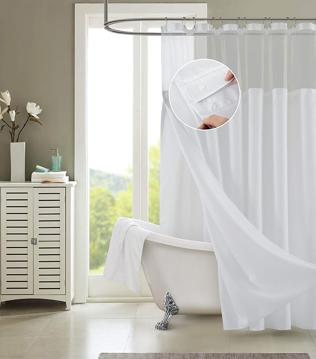 White Sheer and Grid Shower Curtain and Liner Set - Image 6