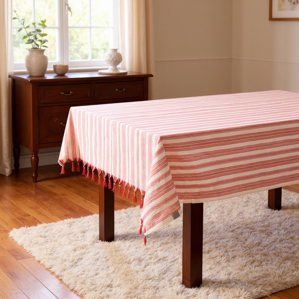 71" X 95" Red And White Striped Cotton Tablecloths - Image 2