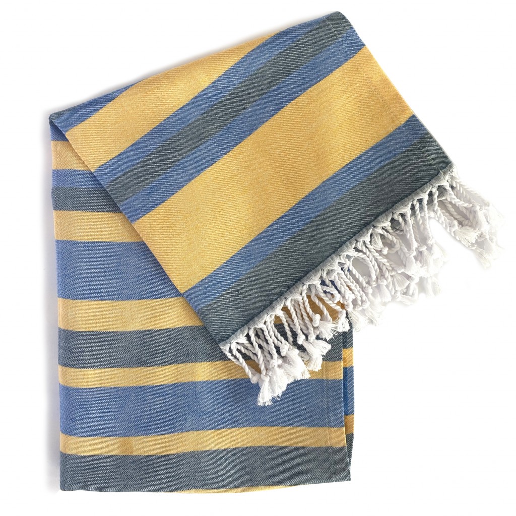 Denim Blue and Yellow Striped Turkish Towel Beach Blanket - Image 2