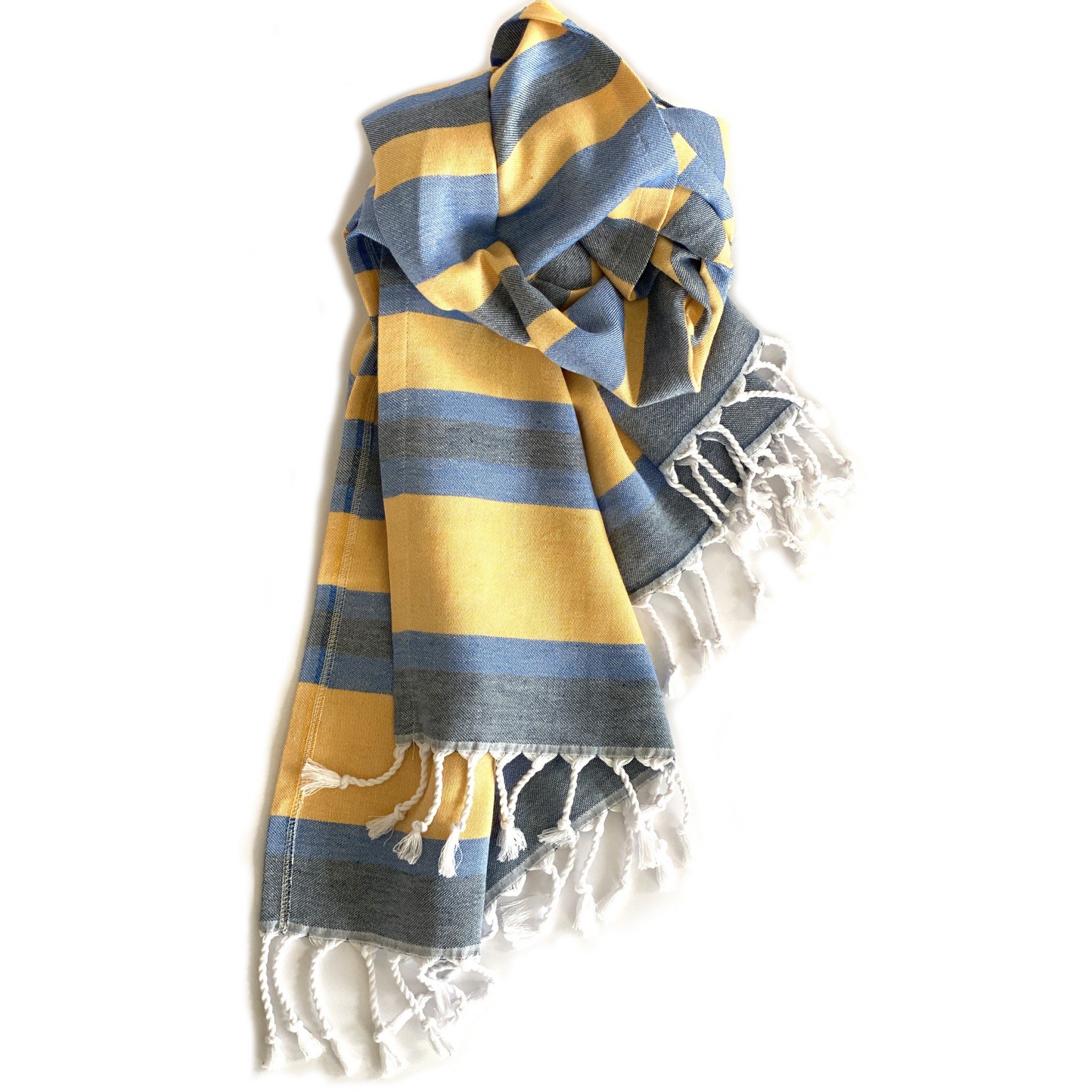 Denim Blue and Yellow Striped Turkish Towel Beach Blanket - Image 4