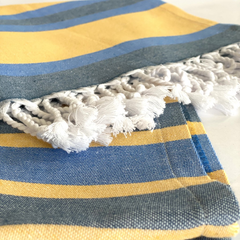 Denim Blue and Yellow Striped Turkish Towel Beach Blanket - Image 5