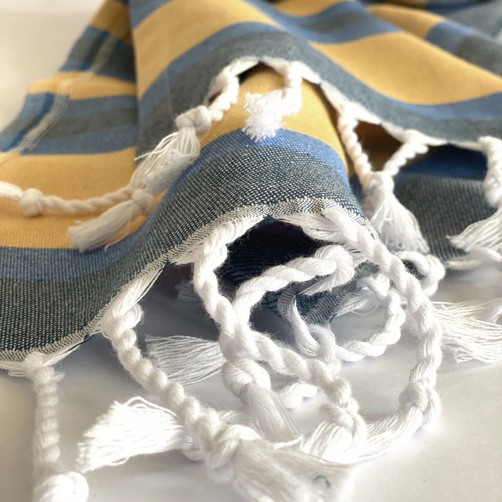 Denim Blue and Yellow Striped Turkish Towel Beach Blanket - Image 6