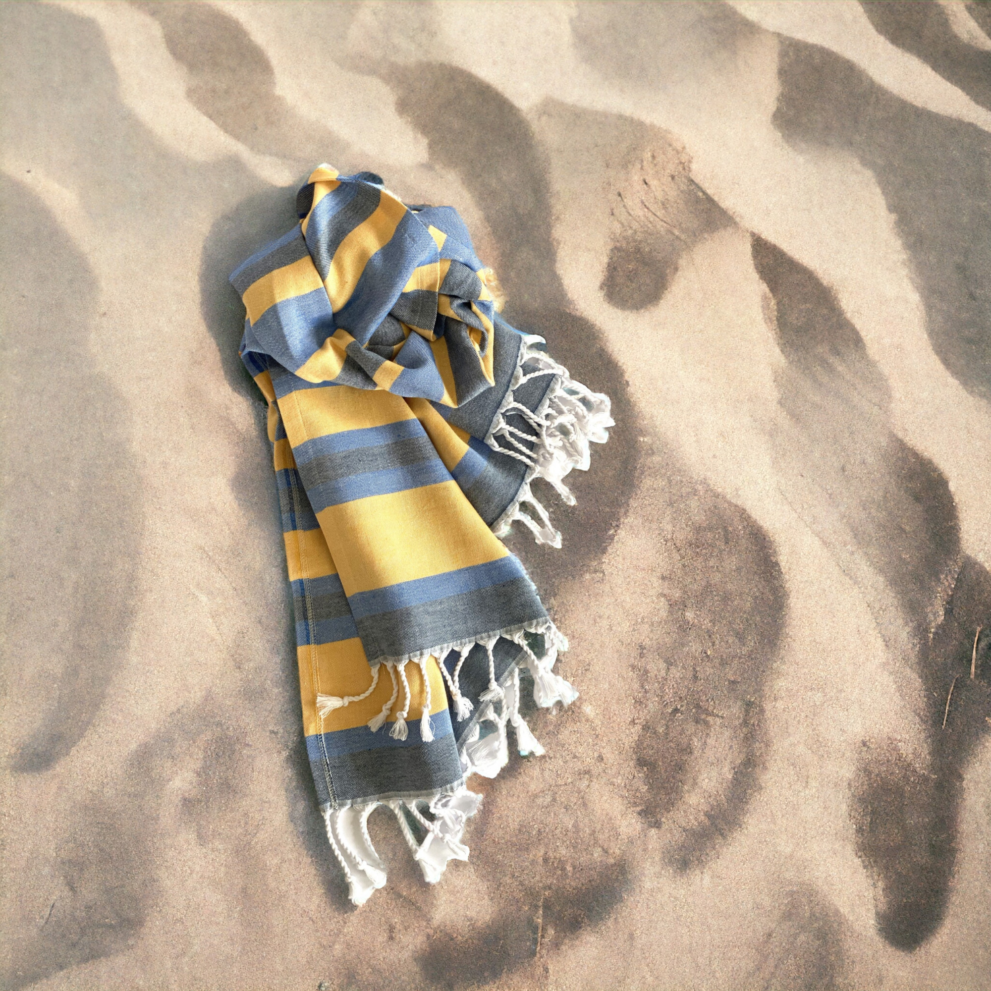 Denim Blue and Yellow Striped Turkish Towel Beach Blanket - Image 3