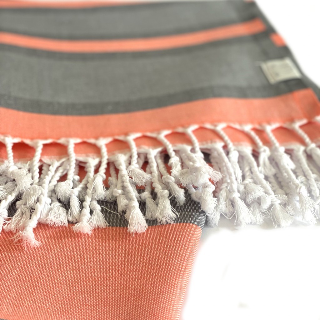 Peach and Dark Grey Striped Design Turkish Beach Blanket - Image 3