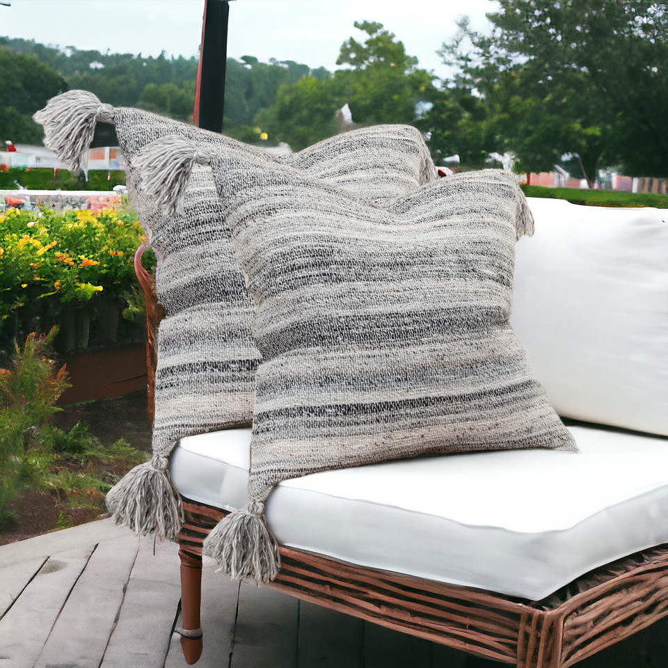 20" Gray Striped Indoor Outdoor Throw Pillow - Image 2