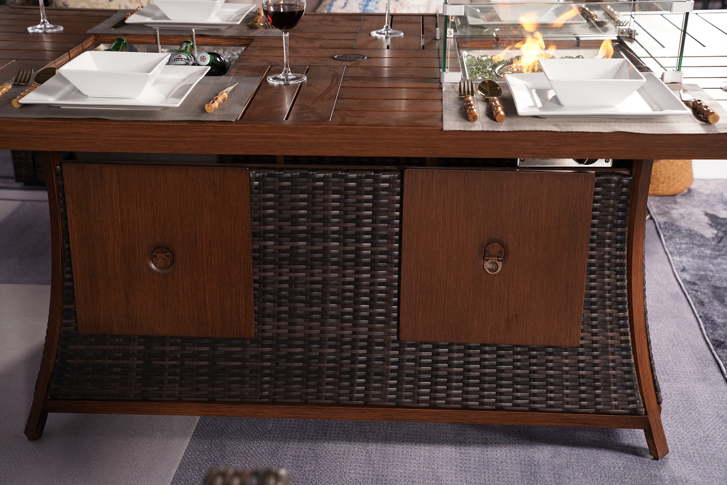 Brown Wicker Outdoor Gas Fire Pit Table with Ice Bucket - Image 6