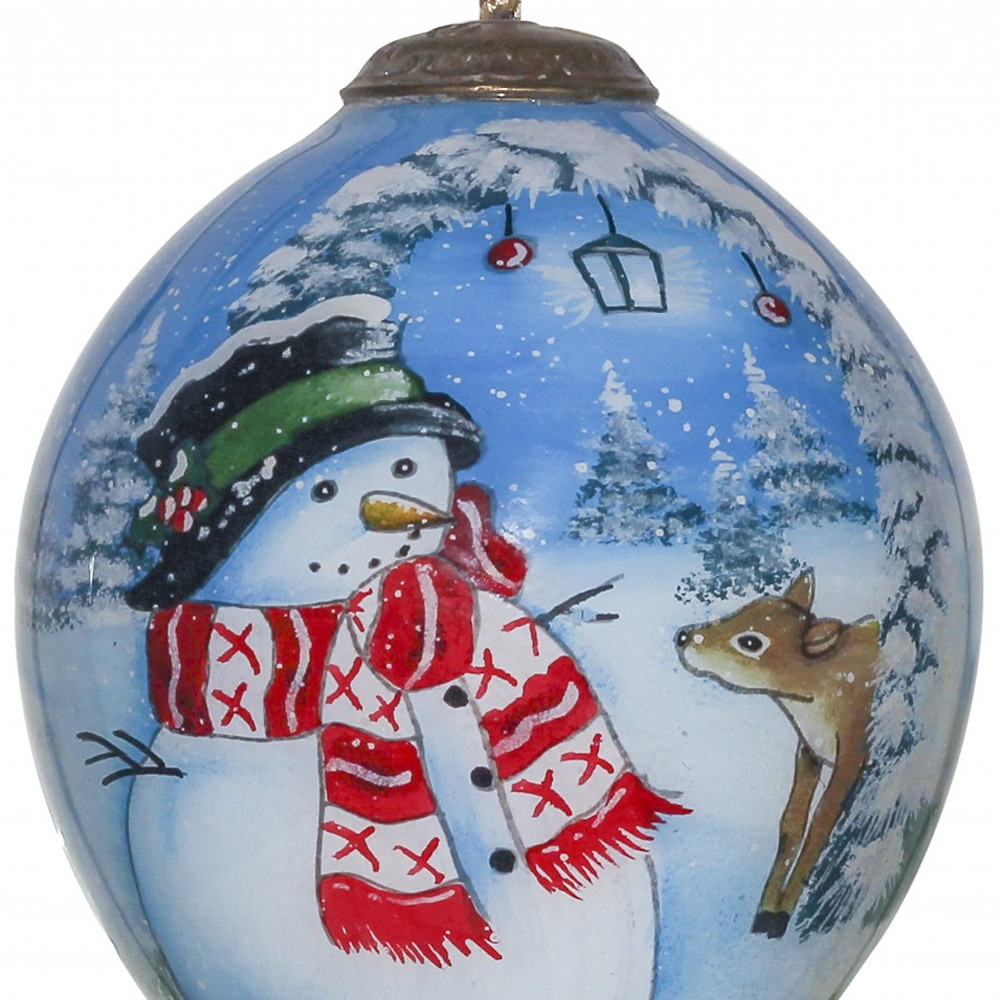 Adorable Snowman and Deer Hand Painted Mouth Blown Glass Ornament - Image 5