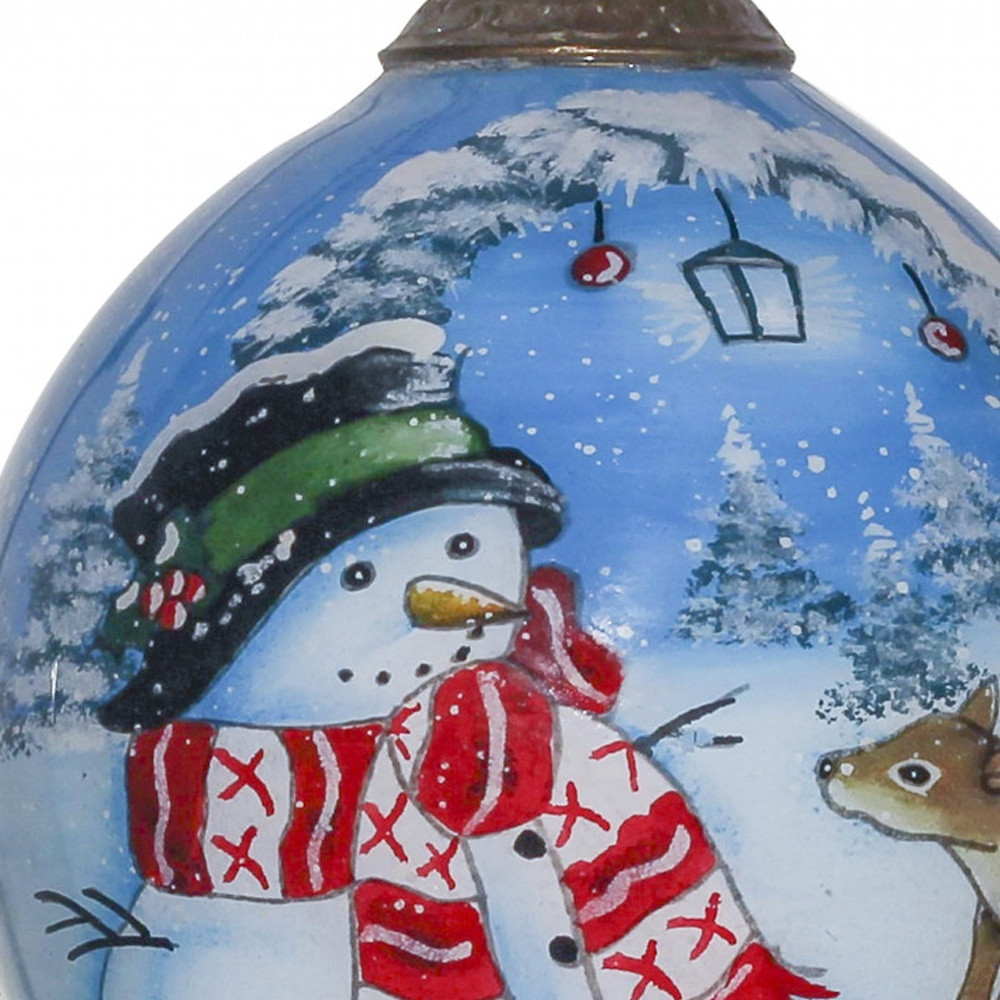 Adorable Snowman and Deer Hand Painted Mouth Blown Glass Ornament - Image 6