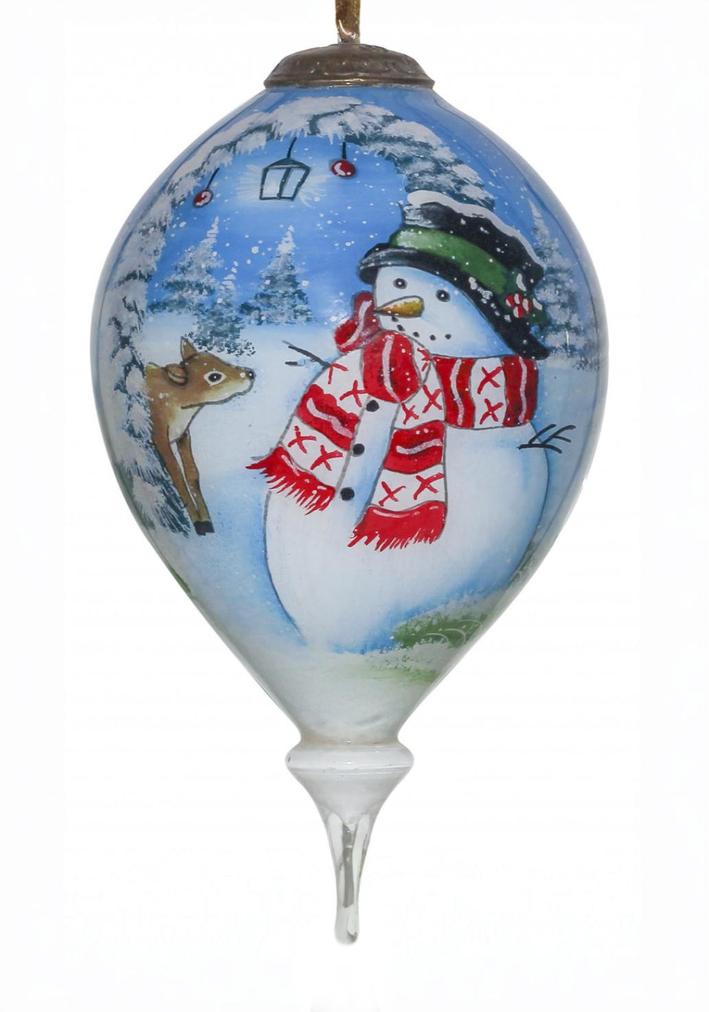 Adorable Snowman and Deer Hand Painted Mouth Blown Glass Ornament - Image 2