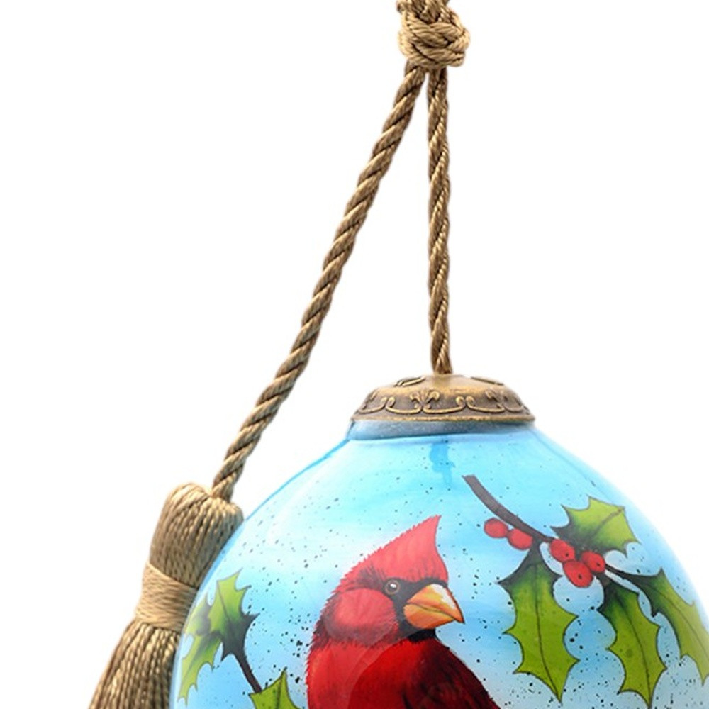 Red Cardinal on Christmas Holly Branches Hand Painted Mouth Blown Glass Ornament - Image 4