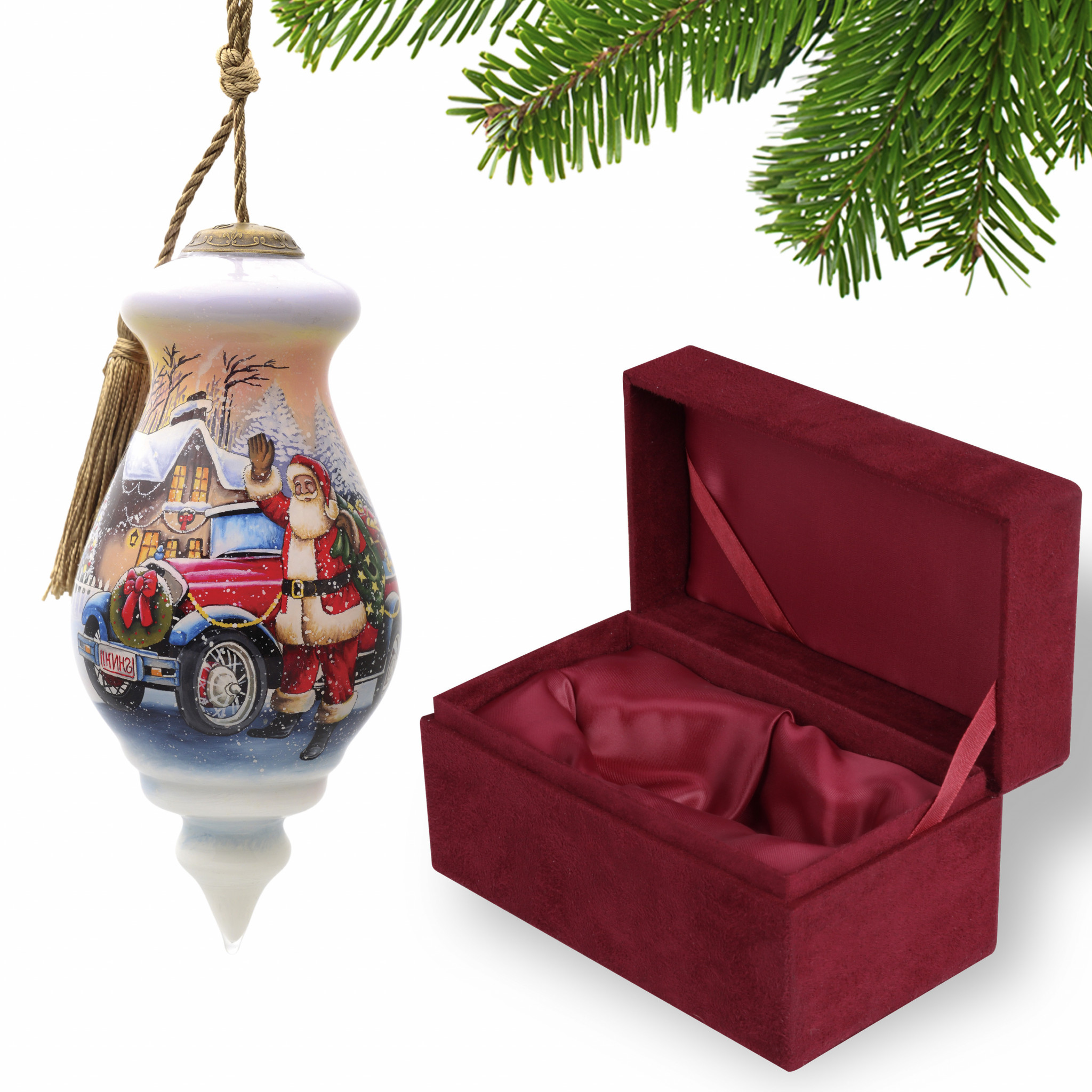 Vintage Car and Santa Waving Hand Painted Mouth Blown Glass Ornament - Image 2