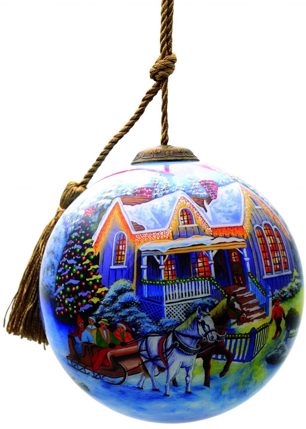 Christmas Home and Horse Carriage Hand Painted Mouth Blown Glass Ornament - Image 2