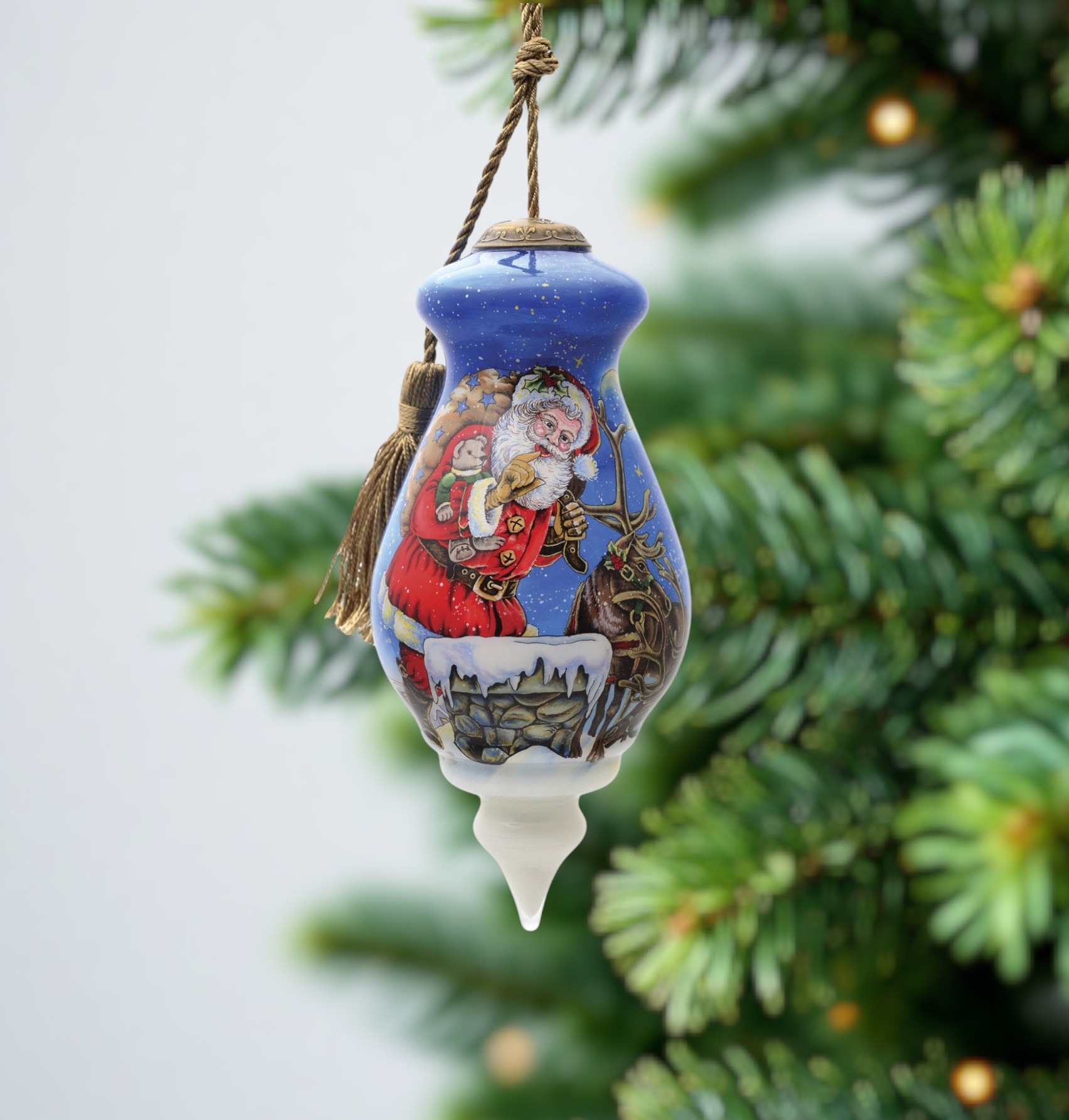 Santa on the Chimney Hand Painted Mouth Blown Glass Ornament - Image 2