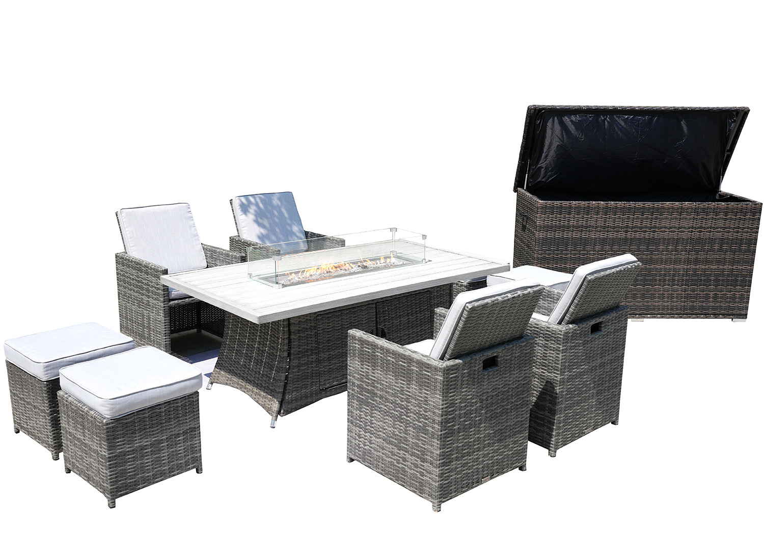 Ten Piece Outdoor Gray Wicker Multiple Chairs Seating Group Fire Pit Included with White Cushions - Image 3