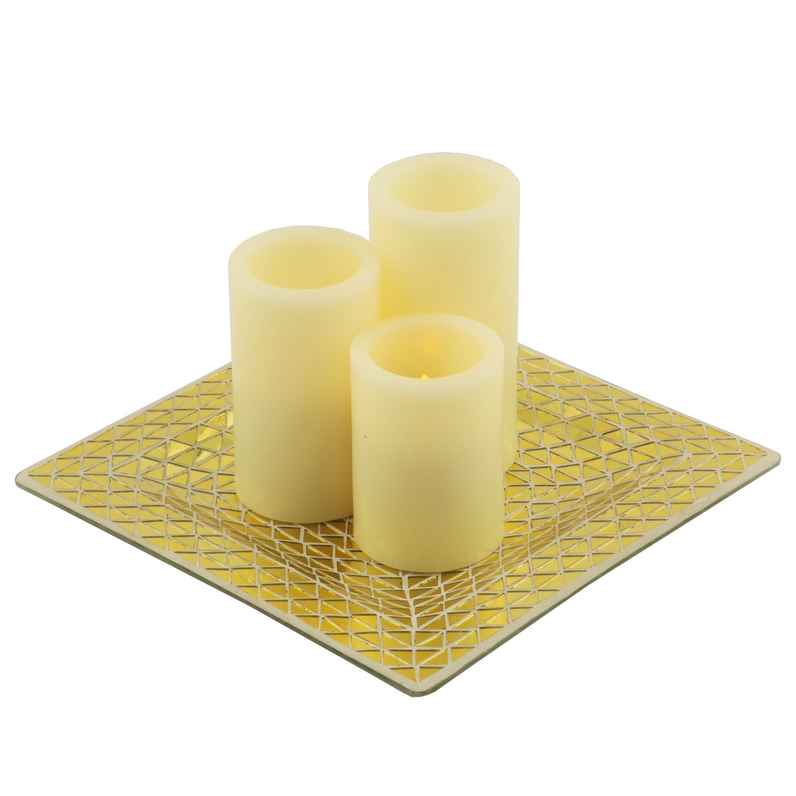 Set of Three Ivory Flameless Pillar Candles With Gold Holder - Image 3