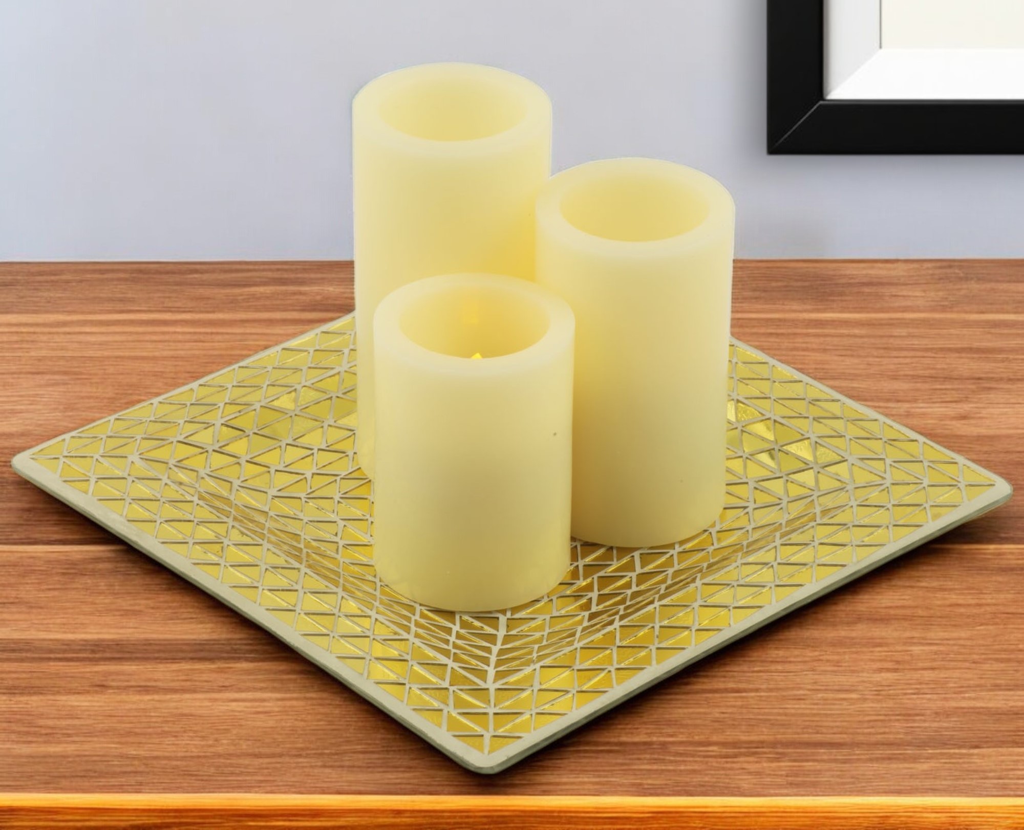 Set of Three Ivory Flameless Pillar Candles With Gold Holder - Image 2