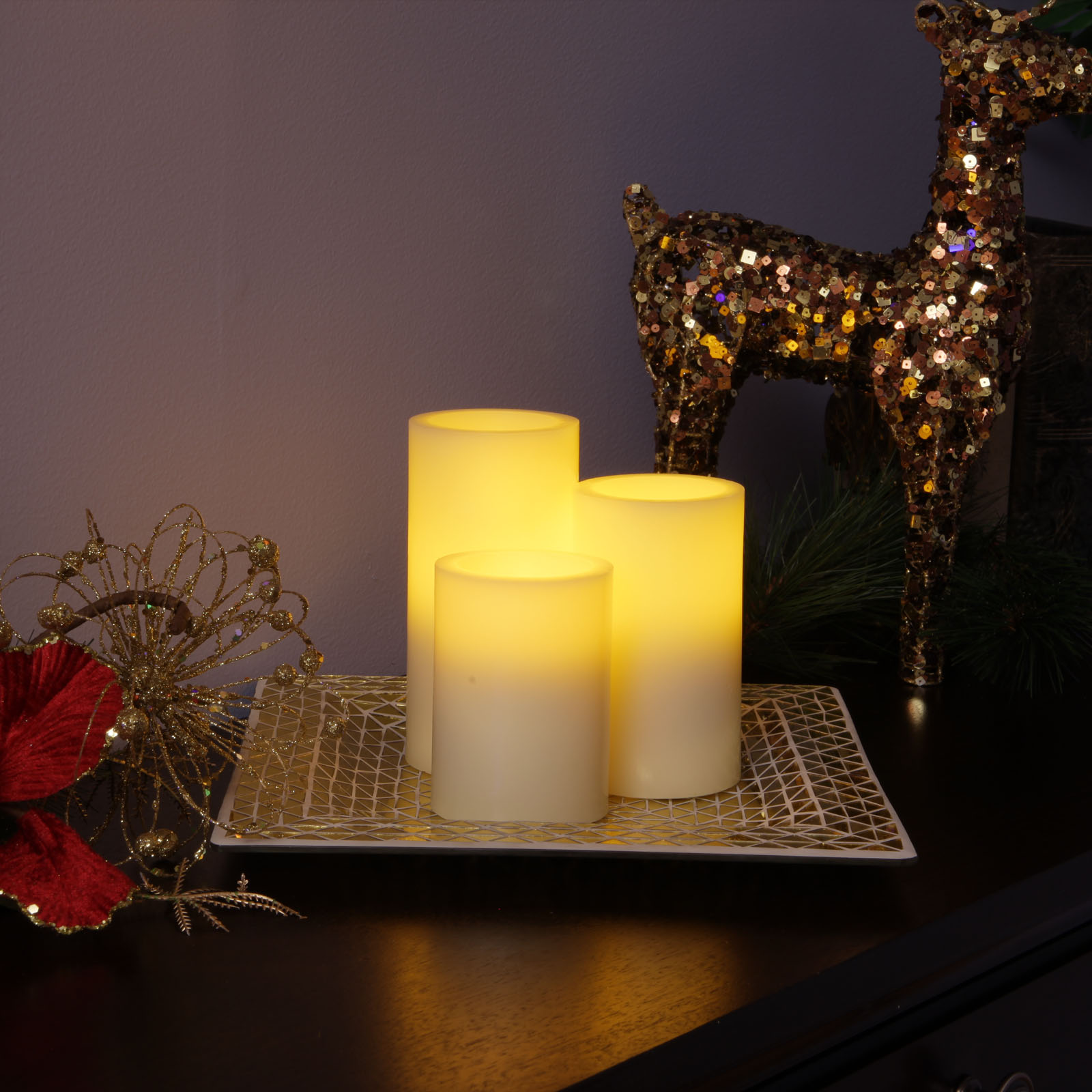 Set of Three Ivory Flameless Pillar Candles With Gold Holder - Image 5