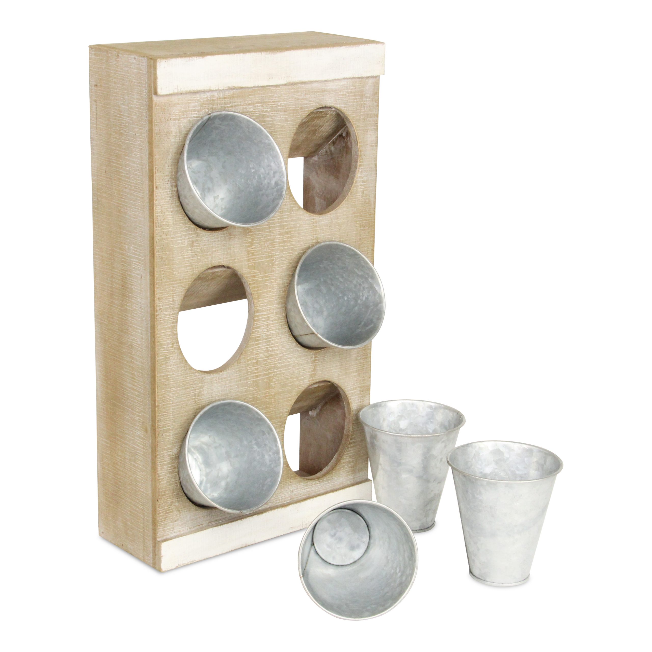 Set of Six Natural And Silver Metal And Wood 10 Ounce Wall Planters With Stand - Image 8