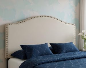 Beige Linen Blend Upholstered Arched Full Headboard With Nail Head Trim