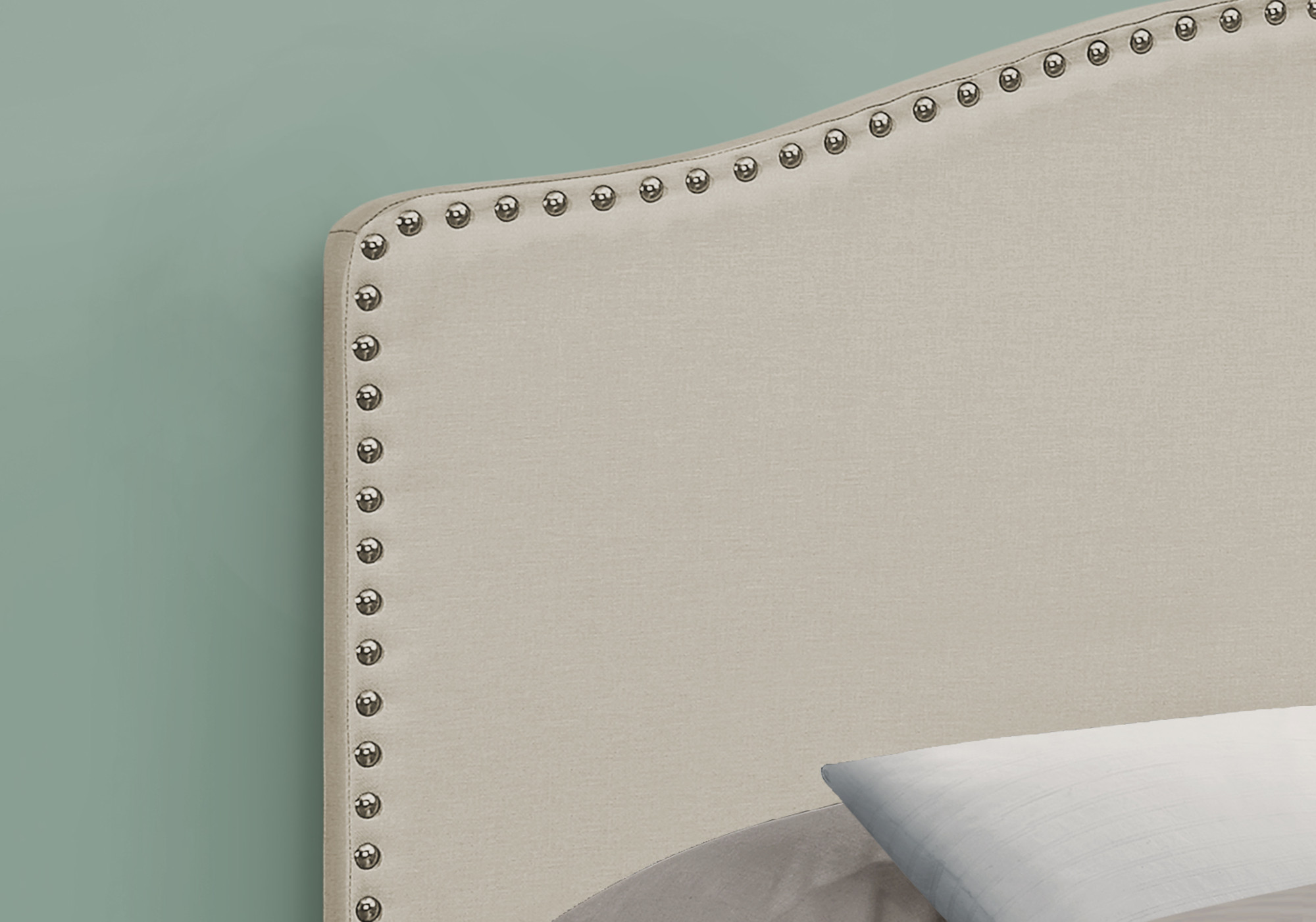Beige Linen Blend Upholstered Arched Full Headboard With Nail Head Trim - Image 6