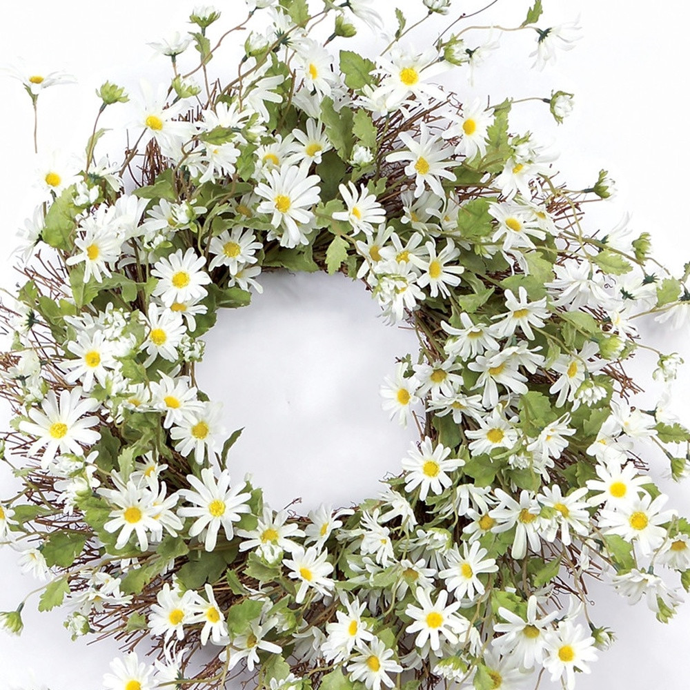 23" Green and White Artificial Spring Daisy Wreath - Image 4