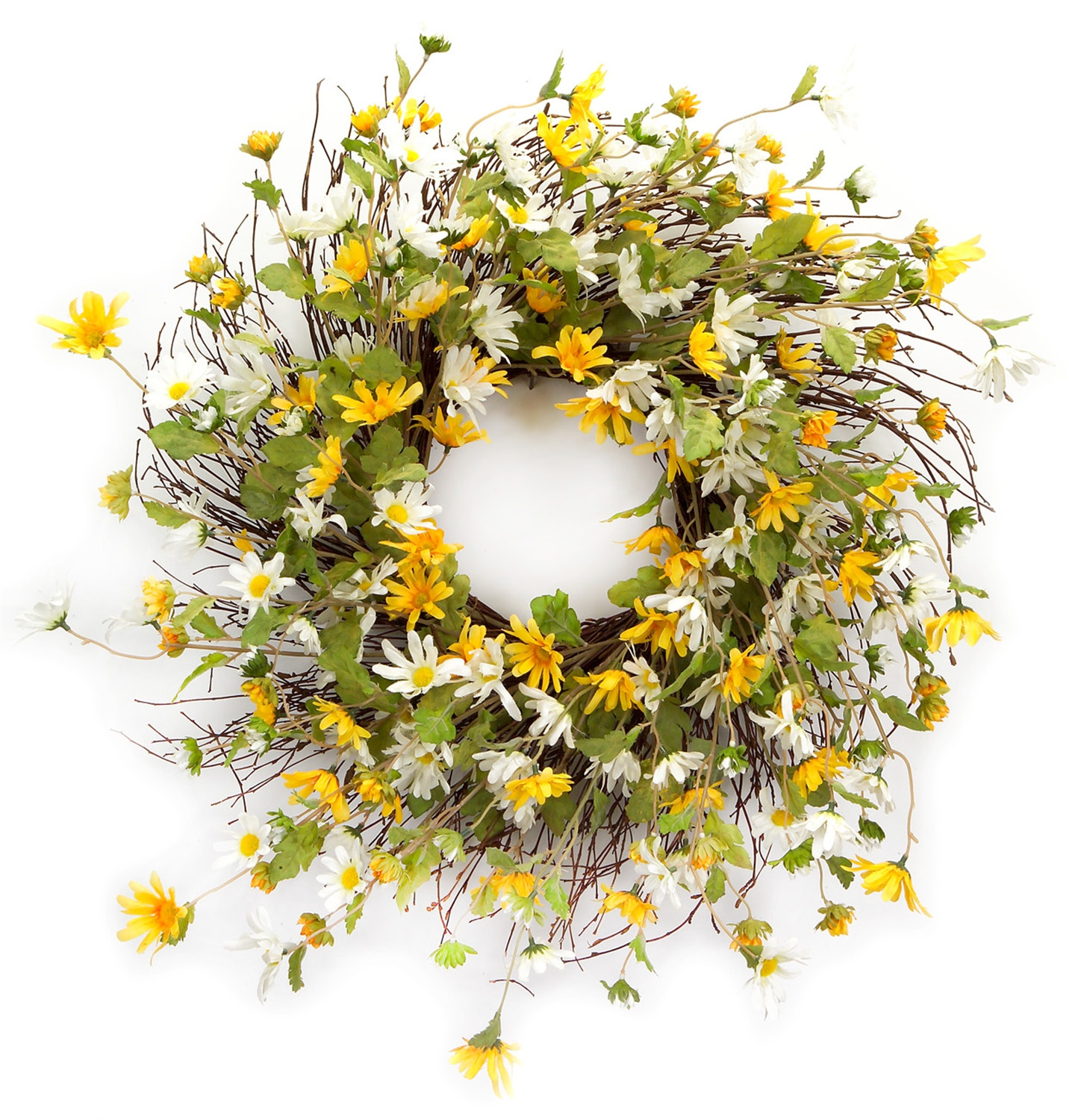 24" Green White And Yellow Spring Daisy Artificial Wreath - Image 2