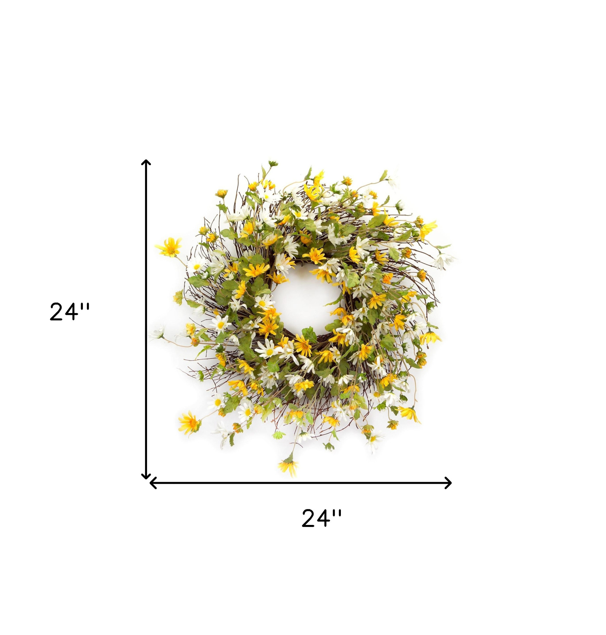 24" Green White And Yellow Spring Daisy Artificial Wreath - Image 5