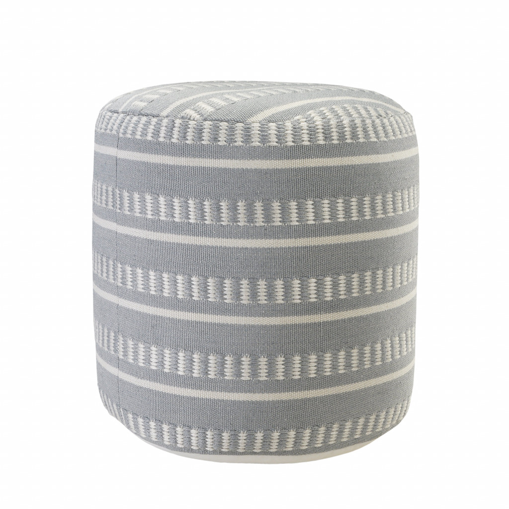 20" Blue Polyester Round Striped Indoor Outdoor Pouf Ottoman - Image 4