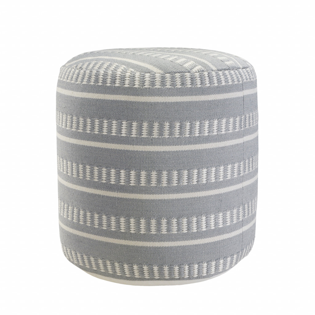 20" Blue Polyester Round Striped Indoor Outdoor Pouf Ottoman - Image 5