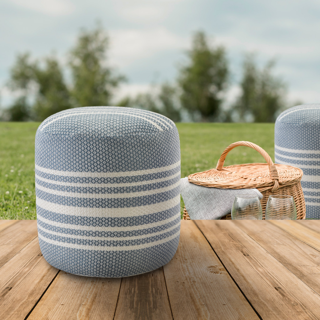 20" Blue Polyester Round Striped Indoor Outdoor Pouf Ottoman - Image 7