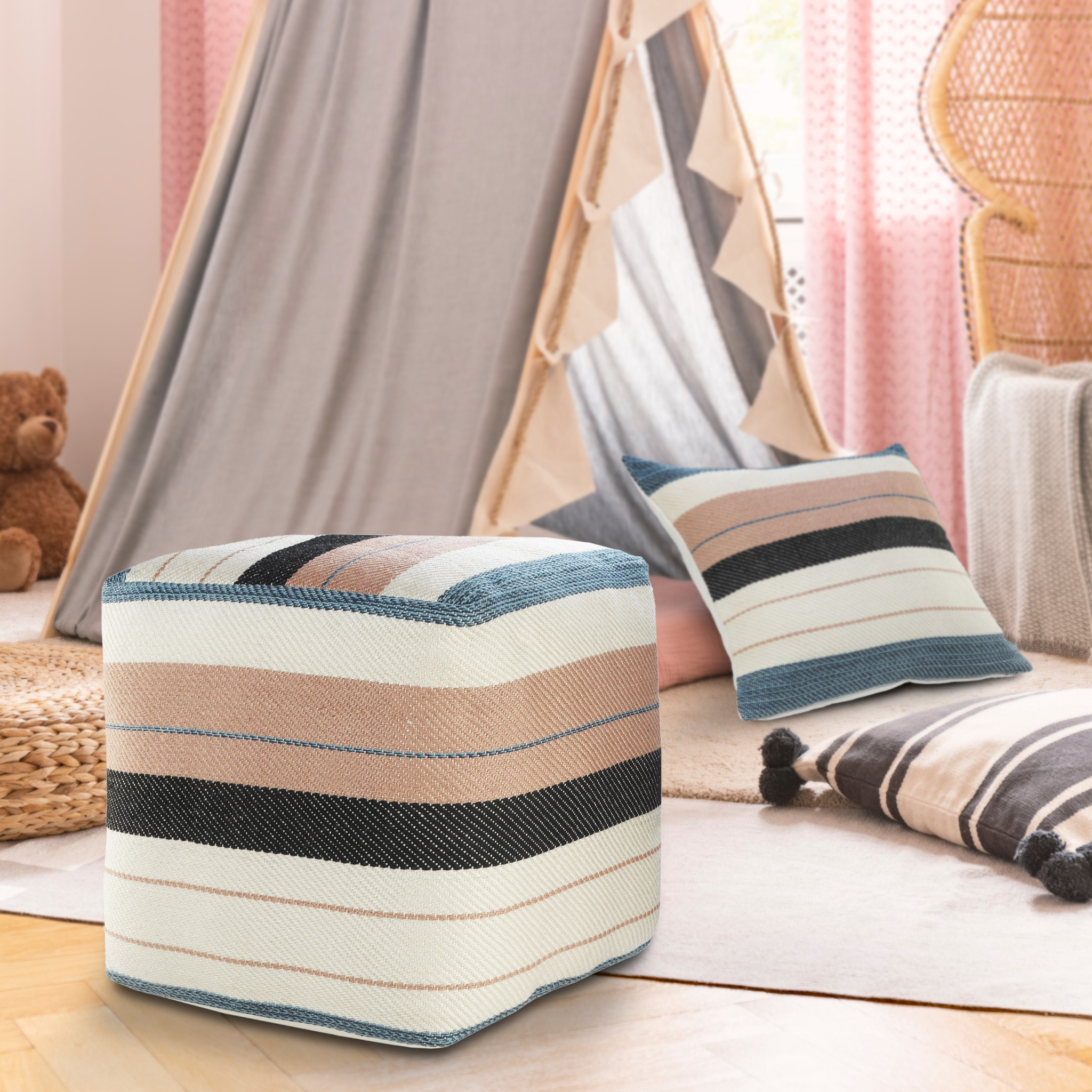 20" White Polyester Striped Indoor Outdoor Pouf Ottoman - Image 8