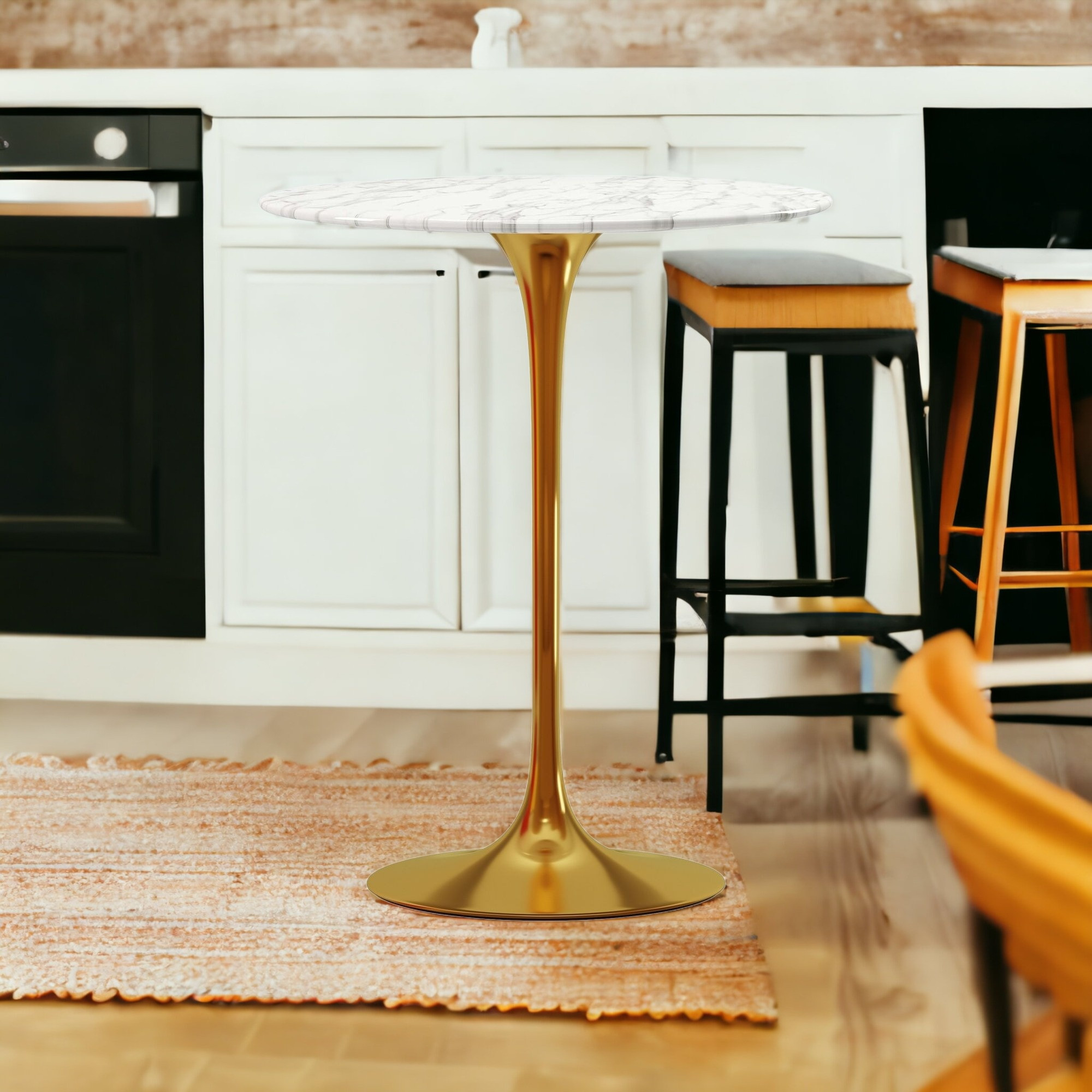 32" White and Gold Rounded Marble and Metal Bar Table - Image 3
