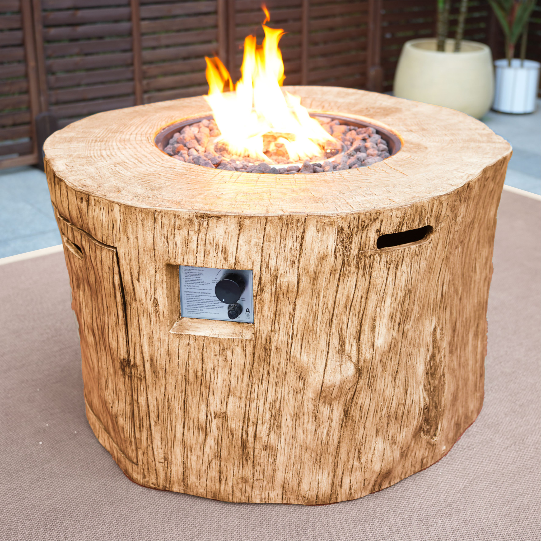 37" Brown Faux Wood Stump Propane Round Fire pit With Cover - Image 5