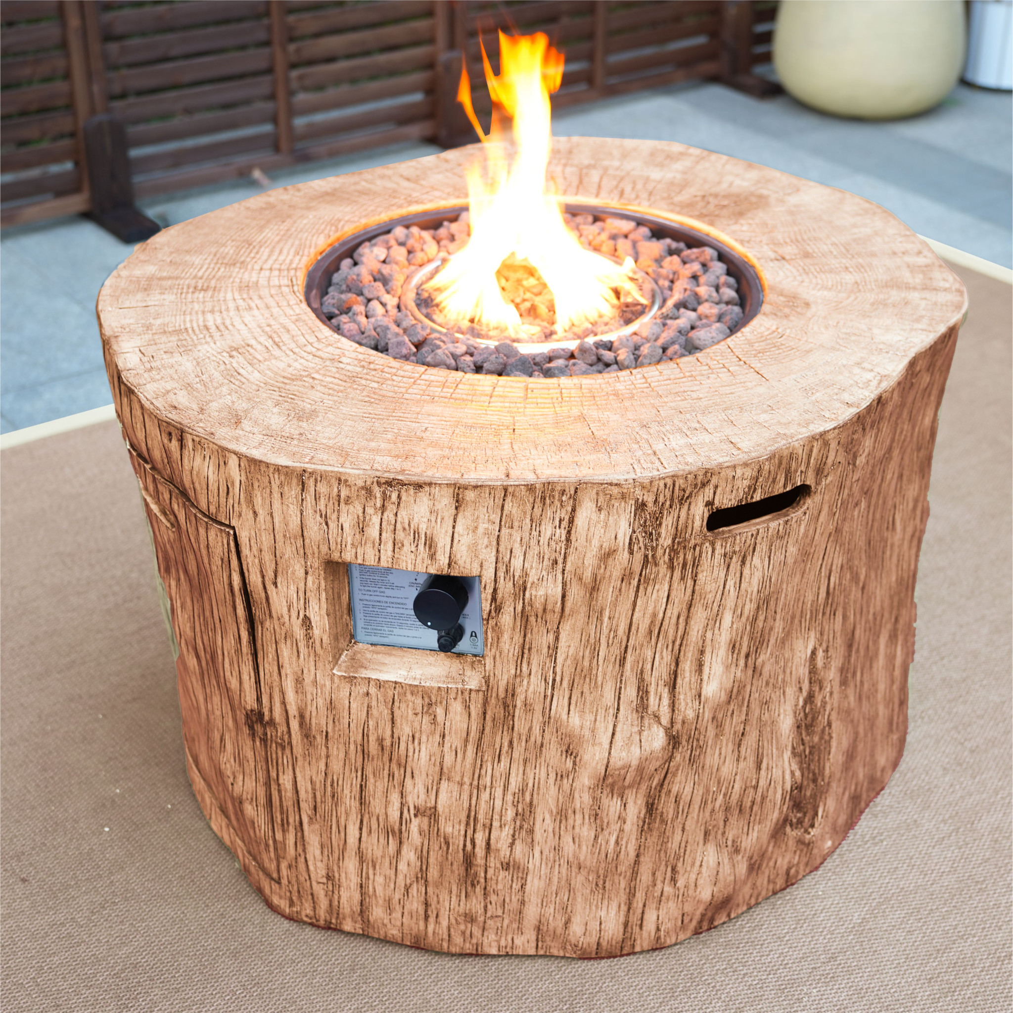 37" Brown Faux Wood Stump Propane Round Fire pit With Cover - Image 6