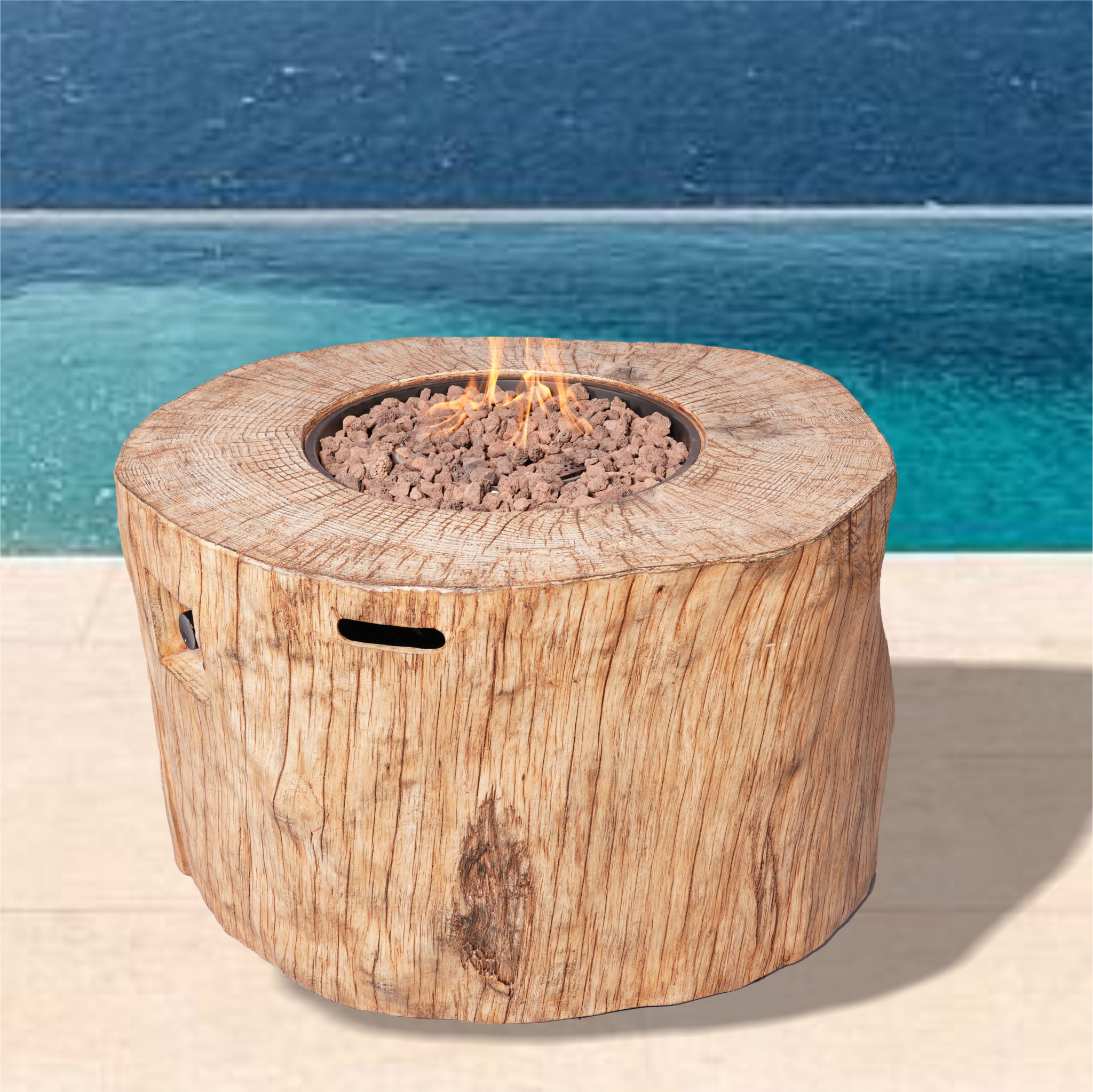 37" Brown Faux Wood Stump Propane Round Fire pit With Cover - Image 7