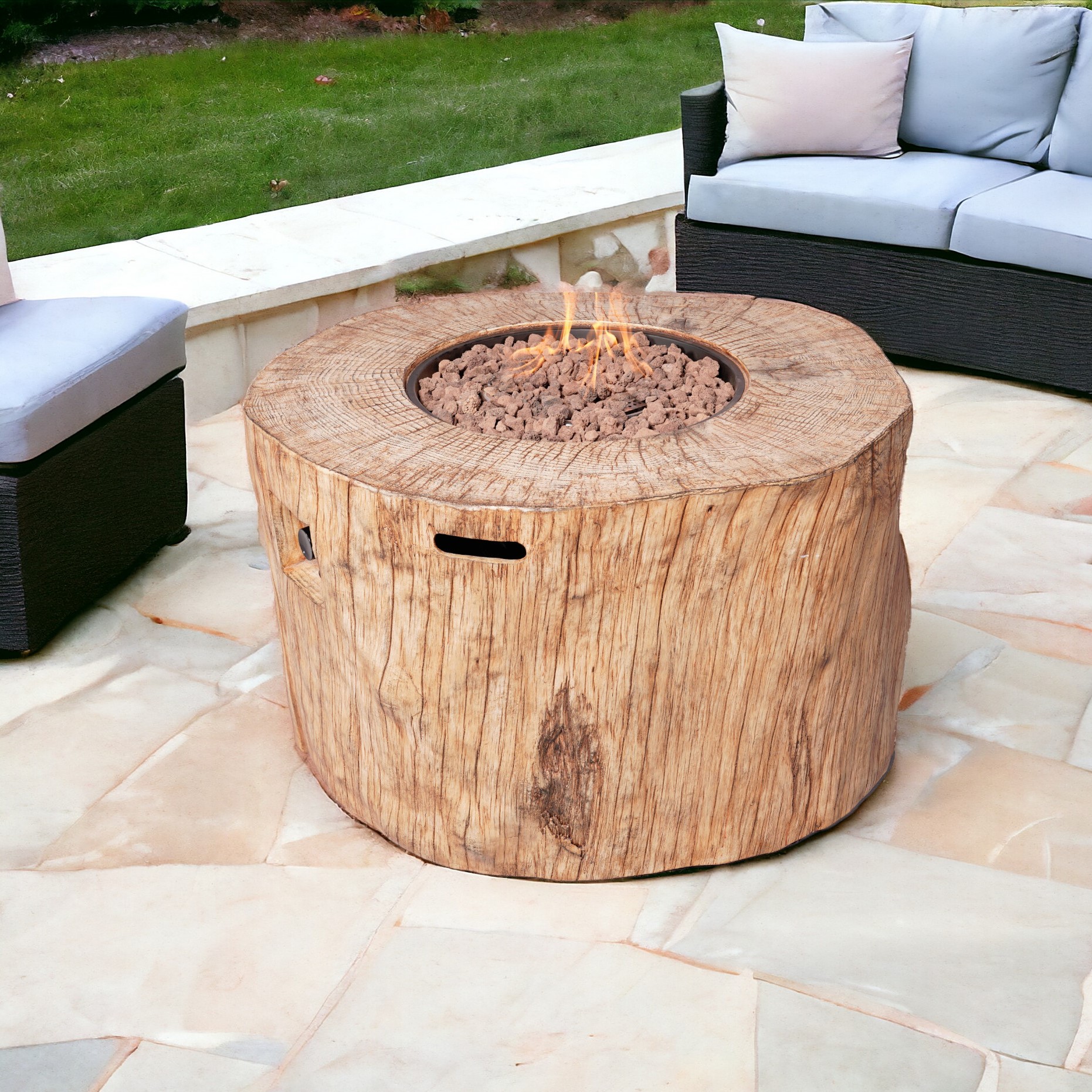 37" Brown Faux Wood Stump Propane Round Fire pit With Cover - Image 2