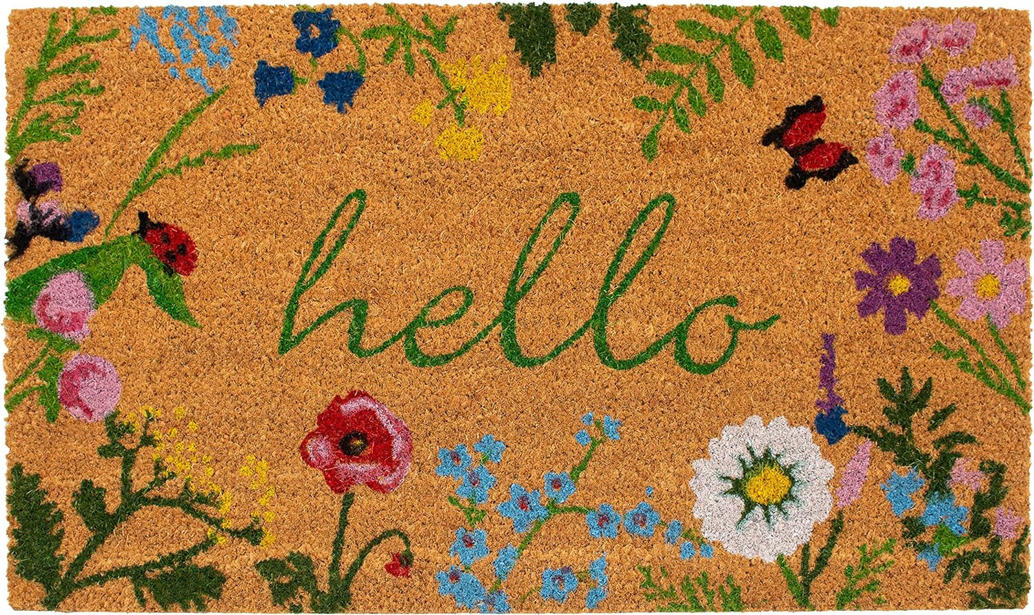 17" X 29" Natural and Green Coir Floral Hello Outdoor Door Mat - Image 2