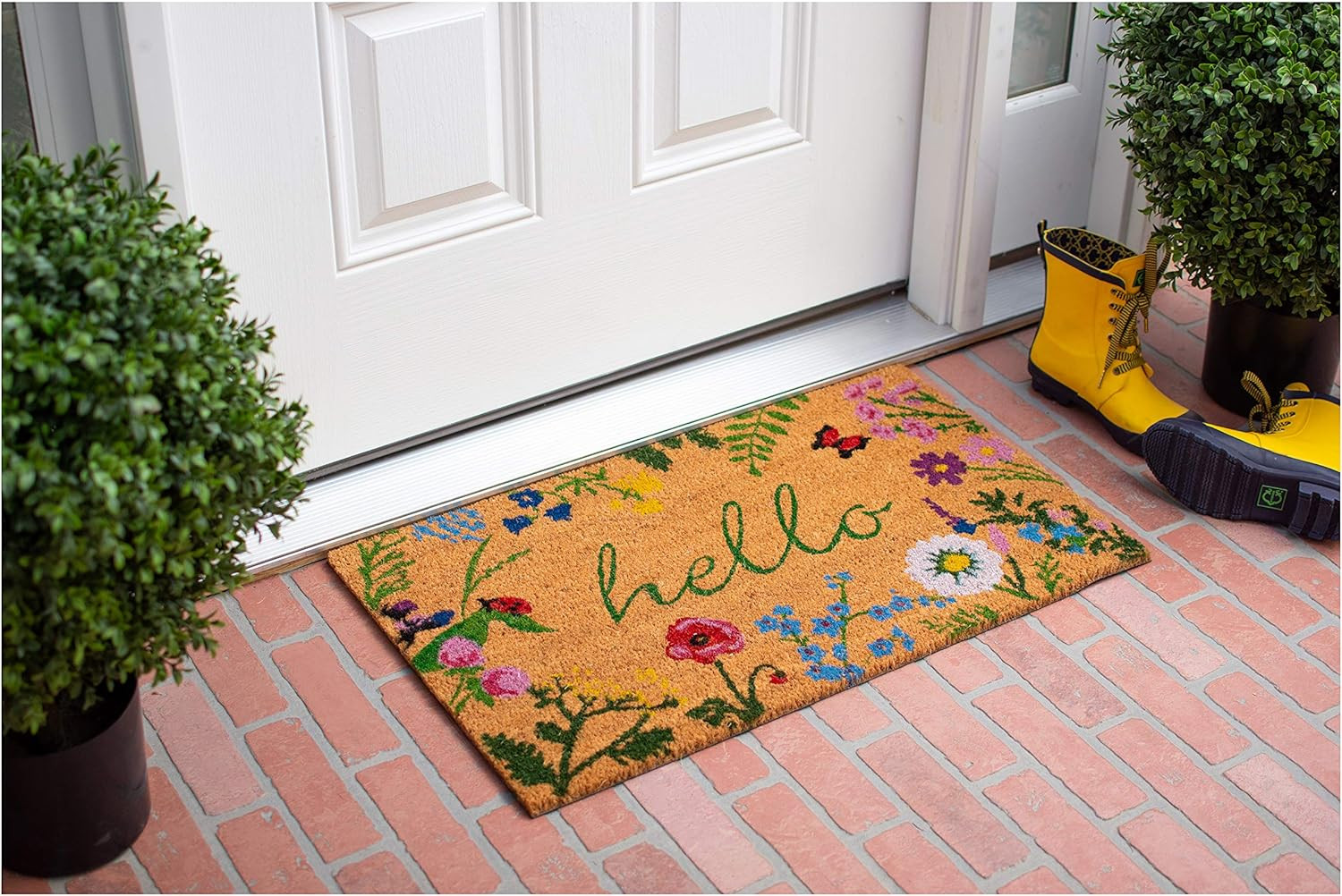 17" X 29" Natural and Green Coir Floral Hello Outdoor Door Mat - Image 7