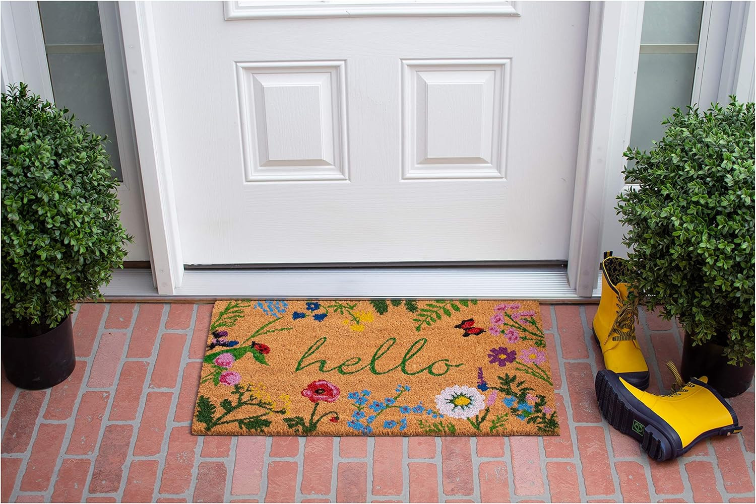 17" X 29" Natural and Green Coir Floral Hello Outdoor Door Mat - Image 6
