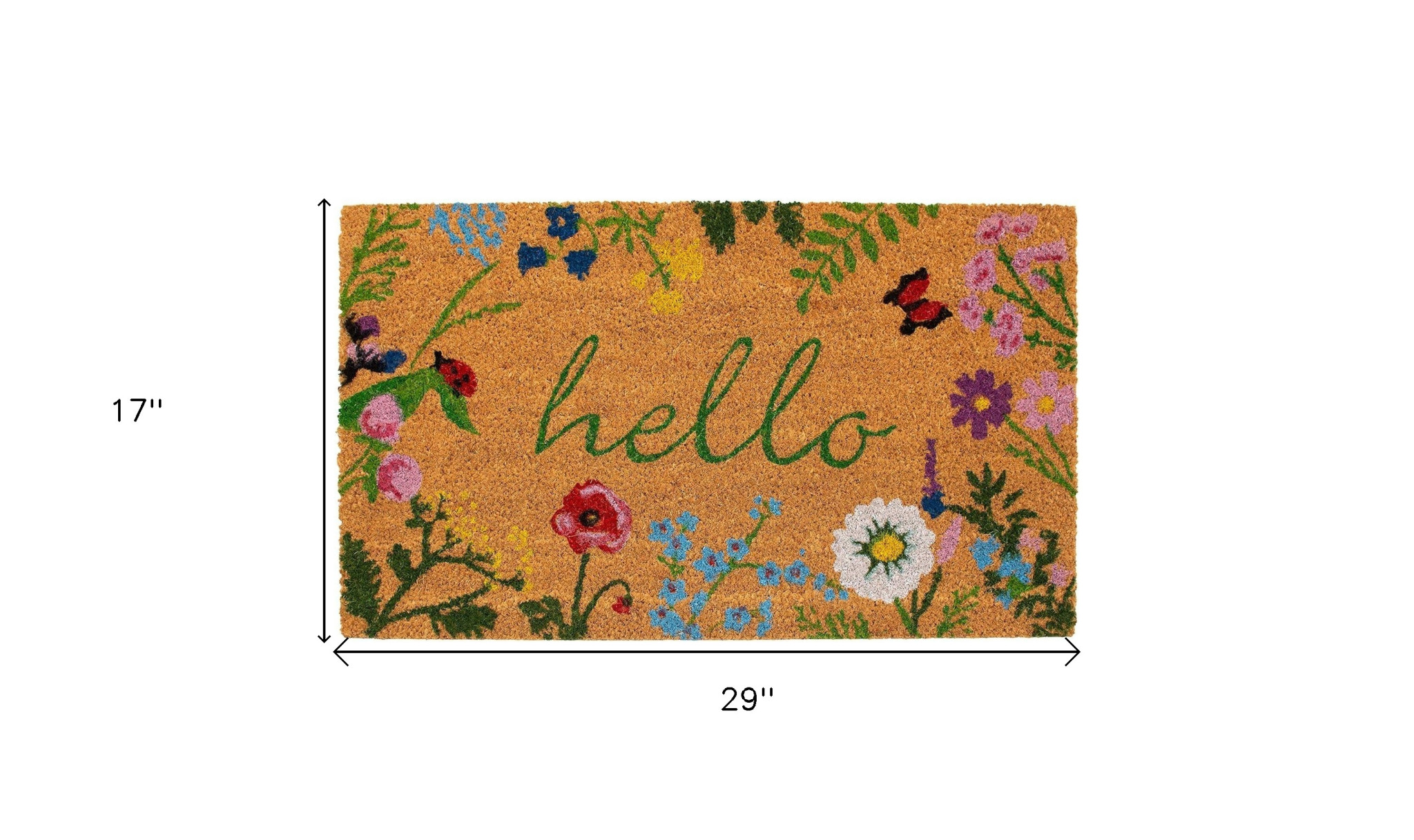 17" X 29" Natural and Green Coir Floral Hello Outdoor Door Mat - Image 3