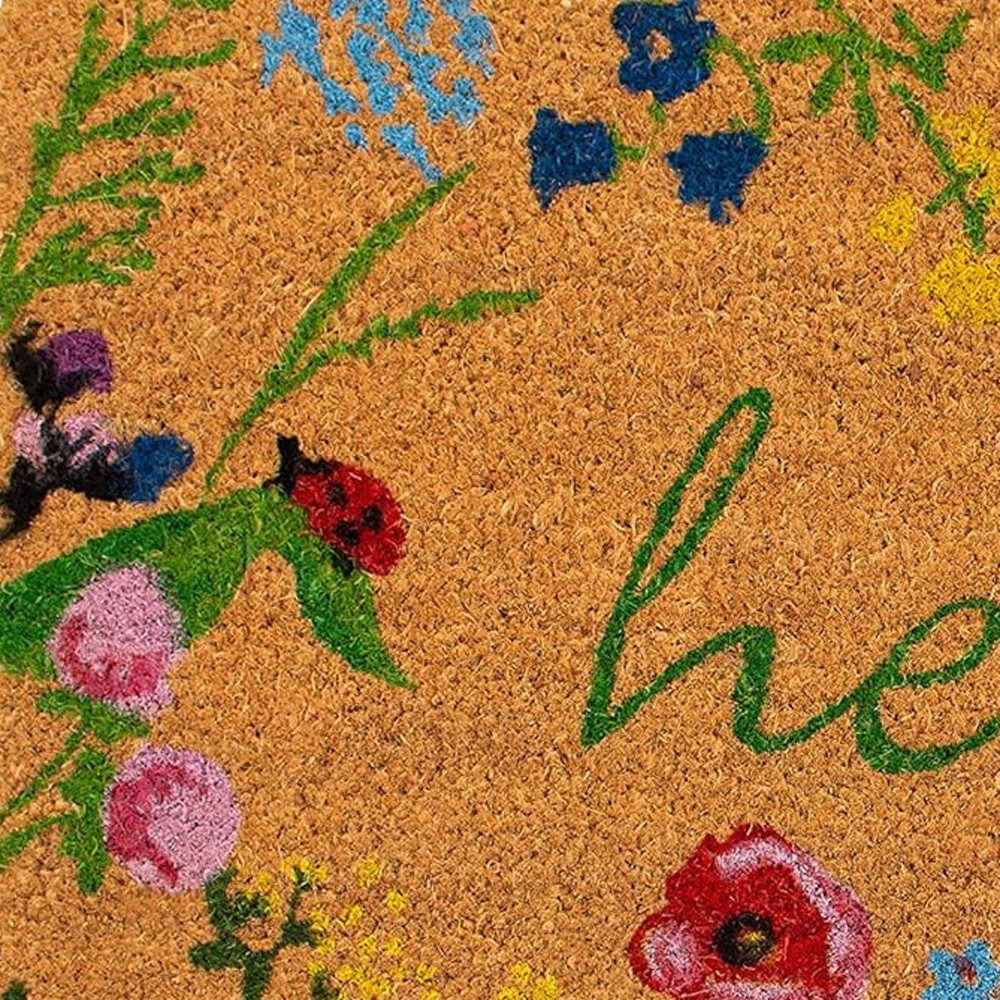 17" X 29" Natural and Green Coir Floral Hello Outdoor Door Mat - Image 4