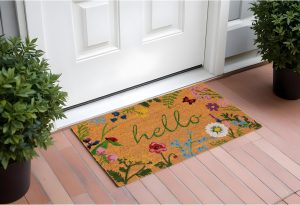 17" X 29" Natural and Green Coir Floral Hello Outdoor Door Mat
