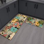 Set Of Two Aqua And Green PVC Floral Anti Fatigue Kitchen Mats