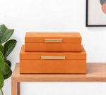 Set Of Two Orange Faux Shagreen Jewelry Boxes With Decorative Hardware