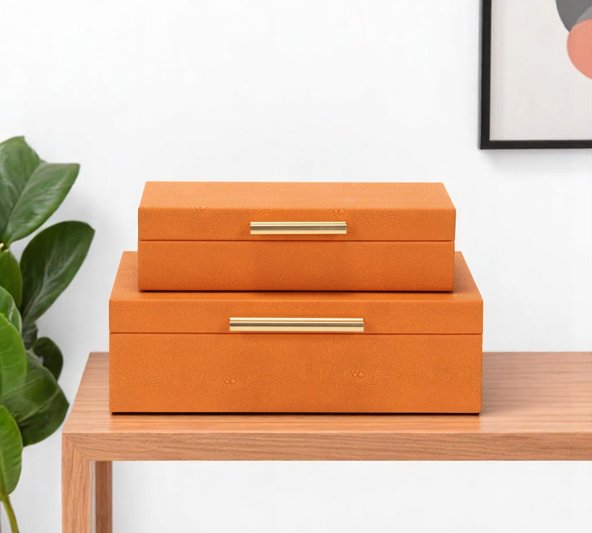Set Of Two Orange Faux Shagreen Jewelry Boxes With Decorative Hardware