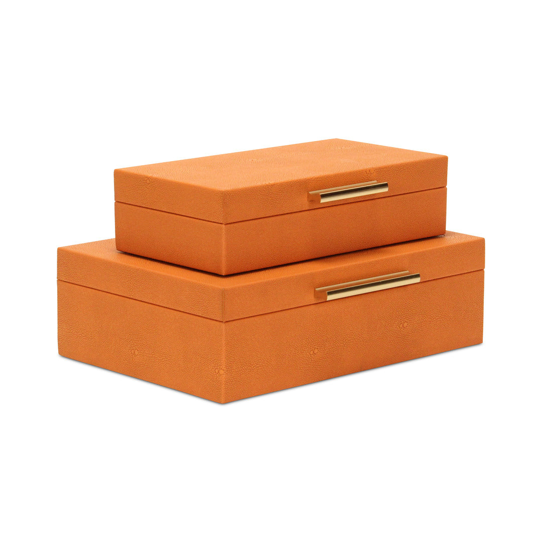 Set Of Two Orange Faux Shagreen Jewelry Boxes With Decorative Hardware - Image 3
