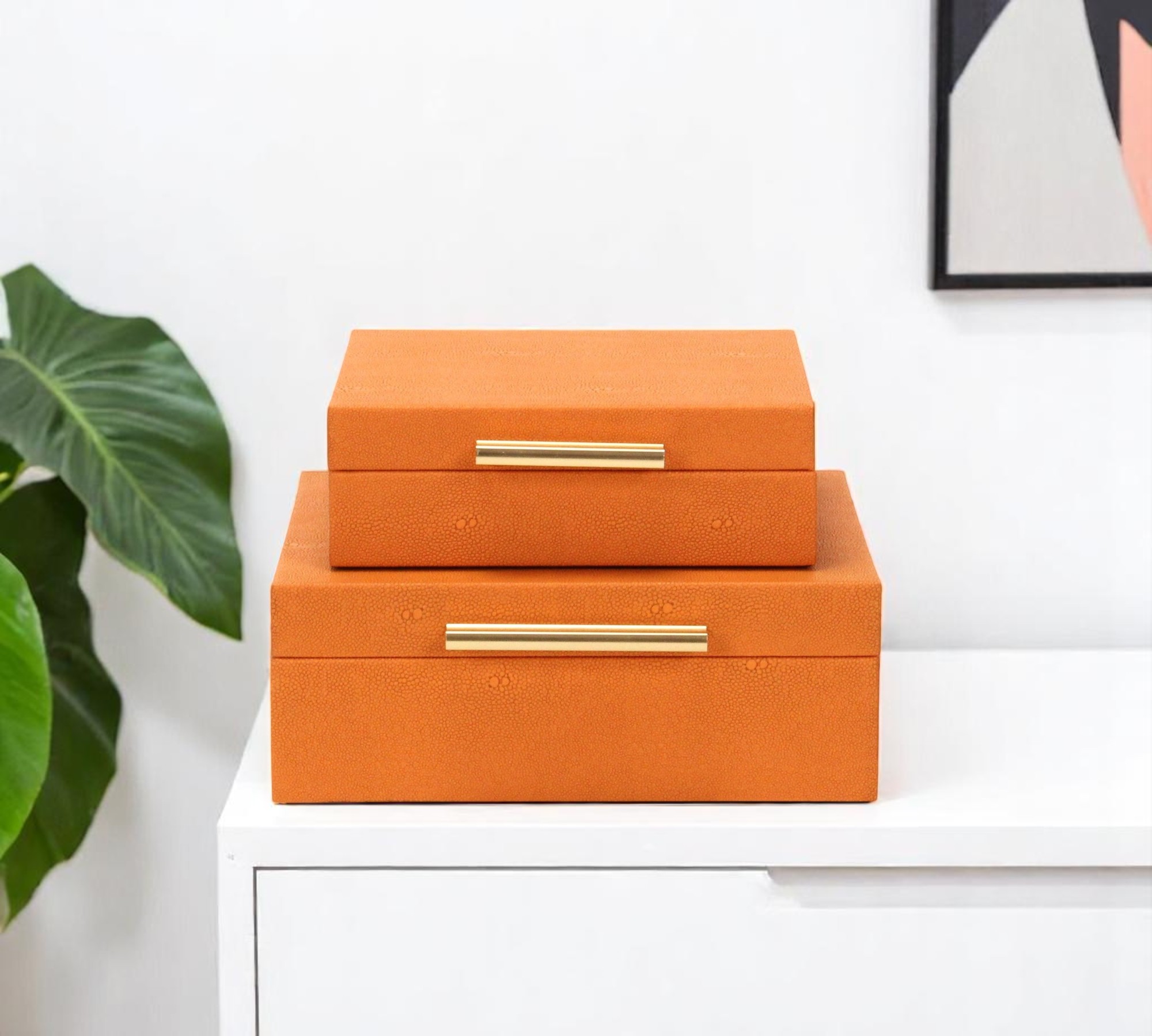 Set Of Two Orange Faux Shagreen Jewelry Boxes With Decorative Hardware