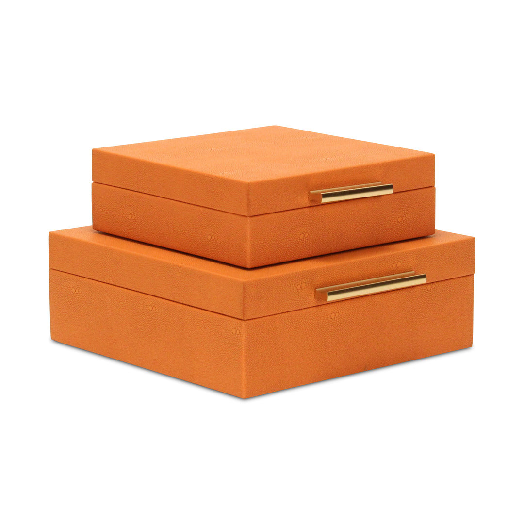 Set Of Two Orange Faux Shagreen Jewelry Boxes With Decorative Hardware - Image 3