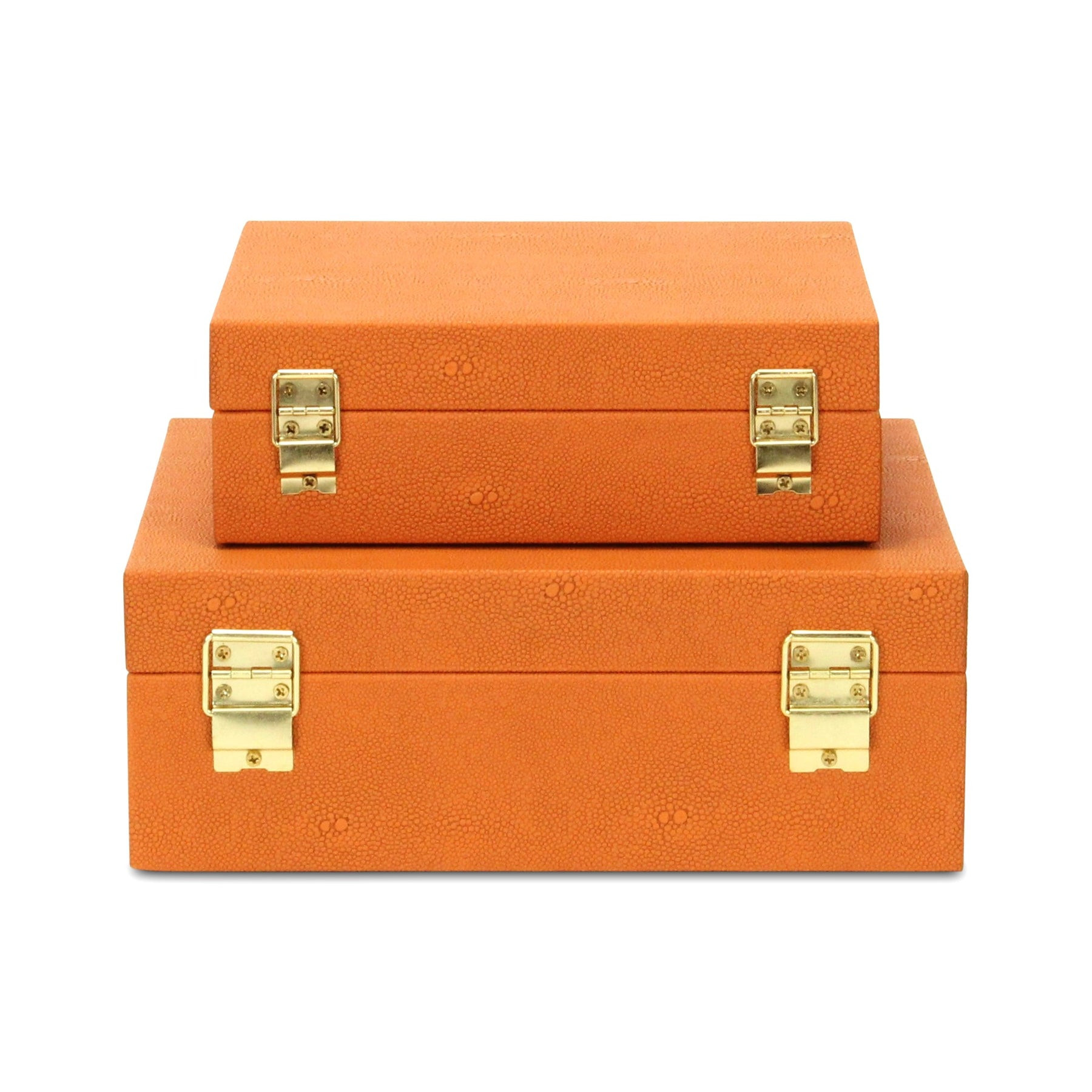 Set Of Two Orange Faux Shagreen Jewelry Boxes With Decorative Hardware - Image 6