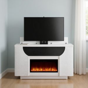 76" White Ribbed Wood Electric Storage Cabinet TV Fireplace With LED And Speaker